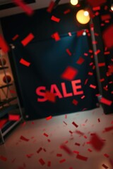 Bright red sale decorations fill the store with excitement during a festive shopping event