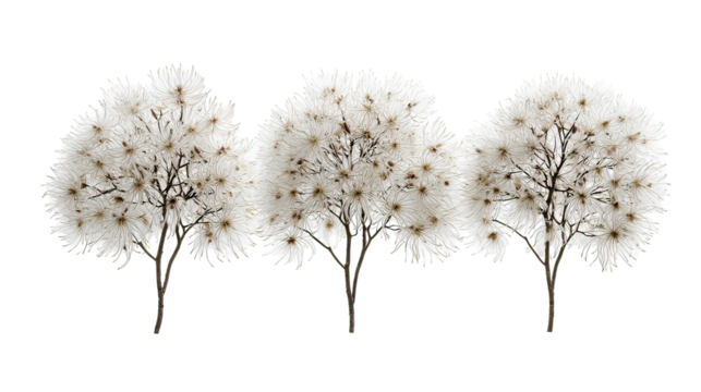Three winter clematis flowering trees aligned side by side on transparent background