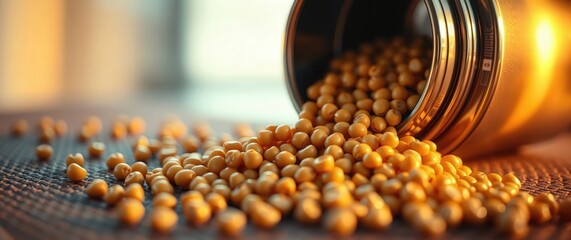 Golden soybeans spilling from a jar in soft afternoon sunlight