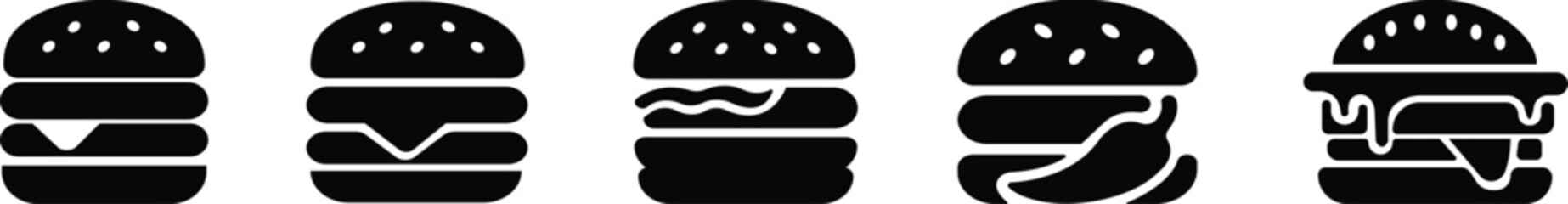 Burger fast food icon set collection group in black flat style featuring sandwich, hamburger, cheeseburger, snack, meal, cuisine, deli, and food related synonym elements for restaurant branding