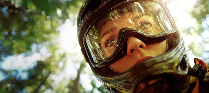 Woman Ziplining with GoPro in Jungle Canopy, Adventure Perspective - Powered by Adobe