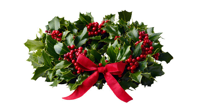 Holiday wreath with holly leaves and red berries tied with a ribbon isolated on white background