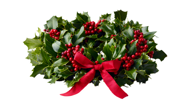 Holiday wreath with holly leaves and red berries tied with a ribbon isolated on white background - Powered by Adobe