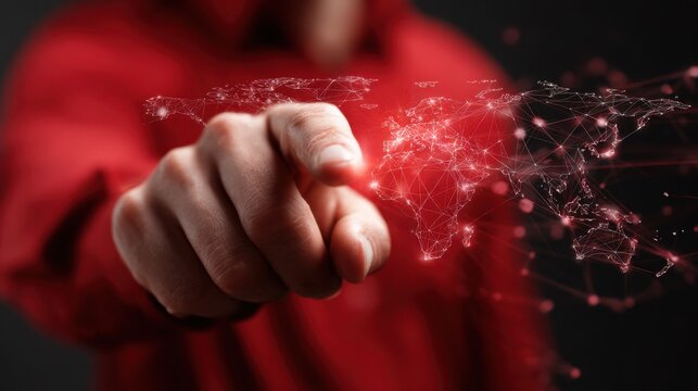 Finger touching glowing digital world map