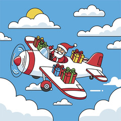 Santa Claus Flying Airplane with Christmas Gifts in the Sky.