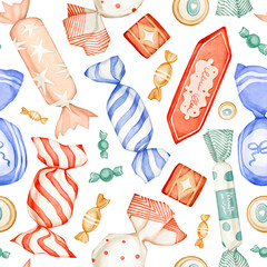 Watercolor seamless pattern with brightly colorful candies various sizes in different wrappers, striped, dotted. Chocolates, lollipops, sweets isolated on white. For Halloween, New Year, Christmas.