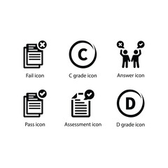 Fail, C grade, Answer, Pass, Assessment, D grade, Black Icon Set