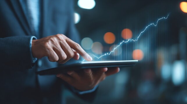 Hand interacting with digital financial growth graph