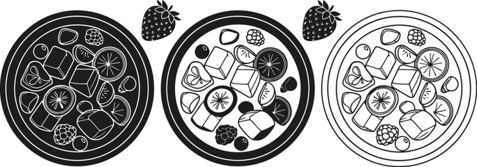 Three circular illustrations of fruit pizzas with varying details displayed