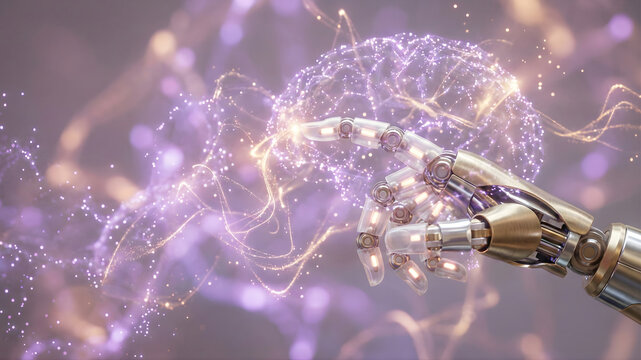 A metallic robotic hand is touching a glowing, abstract network of purple and gold particles, symbolizing AI, thought, and futuristic digital connection.