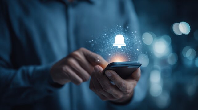 Hand using smartphone receiving notification bell