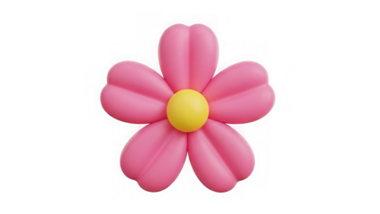 Pink 3d flower with glossy petals and a vibrant yellow center, rendered in a charming, soft, and modern style, perfect for digital design elements isolated on transparent background