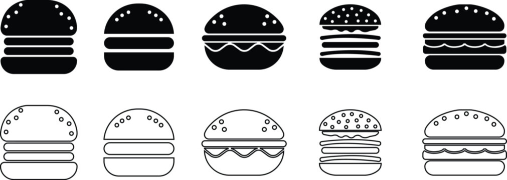 Burger fast food icon set collection group in black flat line style featuring sandwich, hamburger, cheeseburger, snack, meal, cuisine, deli, and food related synonym elements for restaurant branding 