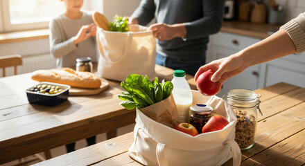 Happy Family Unpacking Healthy Groceries with Reusable Canvas Bags
Close-up shot of a family, with a woman's hand placing a fresh red apple into a reusable canvas bag filled with groceries