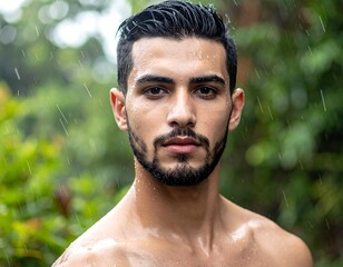 Fototapeta premium Portrait of a handsome man with dark hair and beard, outdoors in the rain