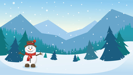 Winter Landscape with Cute Snowman, Pine Forest, Falling Snow and Mountain Background Vector Illustration