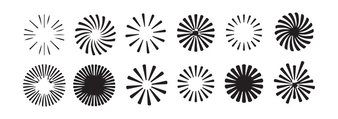 Sunburst line rays collection, vintage sun light rays, radial beams, firework, explosion, starburst, sparkle signs