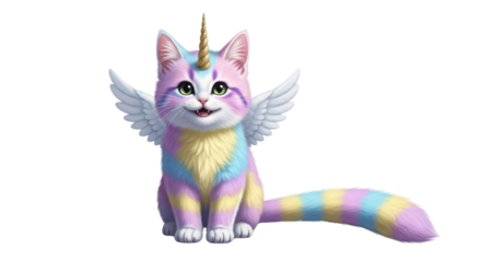 Cute pastel colored cat unicorn with angel wings isolated PNG with Transparent Background
