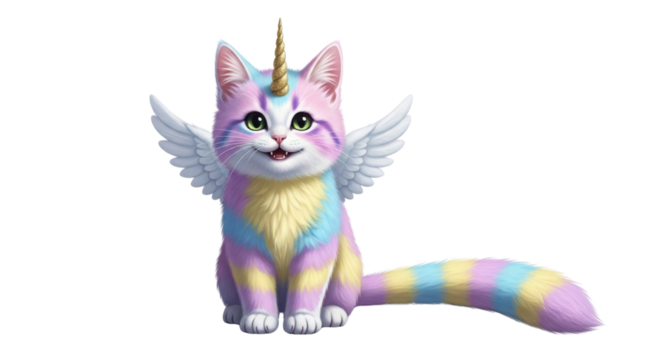 Cute pastel colored cat unicorn with angel wings isolated PNG with Transparent Background