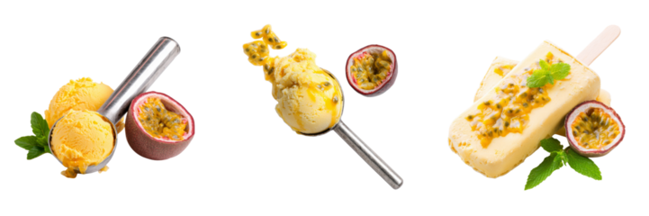 Delicious passionfruit ice cream treats with transparent background summery vibe studio setting