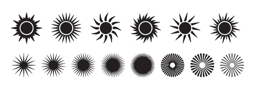 Collection of sun symbols with various rays shapes and starburst elements in black color on white background