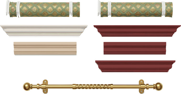 Vector Collection of Interior Window Treatments and Home Decor Elements Featuring Curtain Rods, Cornices, Drapery Trim, and Decorative Molding for Architectural Design