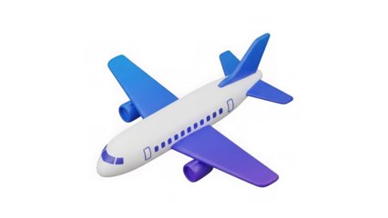 3d stylized passenger airplane isolated with gradient blue purple wings, modern flight transportation concept icon isolated on transparent background