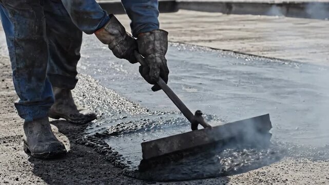 Road worker spreading hot steaming asphalt for paving and repair.