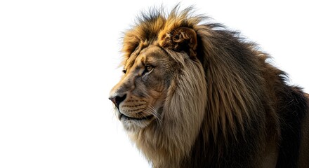 Powerful Profile Portrait of an Adult Lion Against a Clean White Backdrop