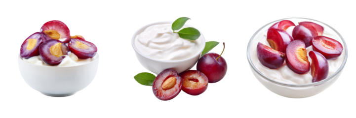 Delicious plums and yogurt bowl kitchen food photography bright transparent background