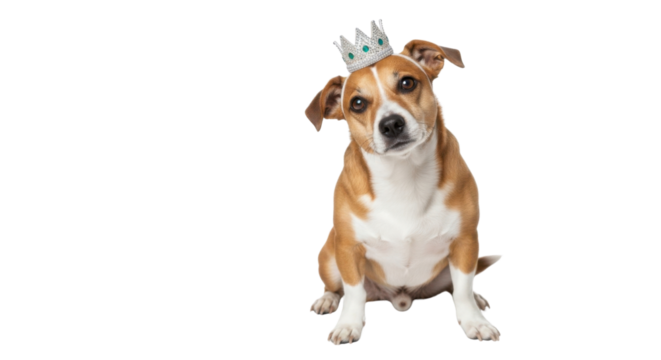 Cute dog wearing a crown sitting and looking at the camera isolated PNG with Transparent Background