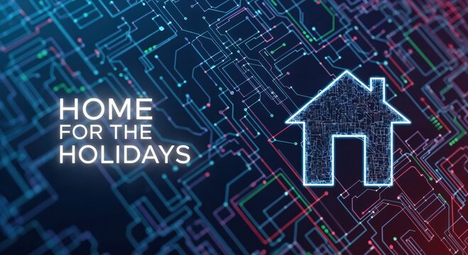 HOME FOR THE HOLIDAYS text on a futuristic circuit board background with a glowing digital house icon, smart home technology concept - Powered by Adobe