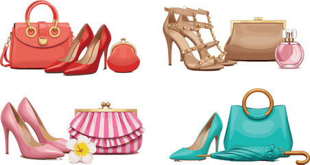 Vector Collection of Women's Fashion Accessories Featuring High Heel Shoes, Luxury Handbags, Studded Sandals, Clutch Bag, Perfume, and Umbrella for Style Design
