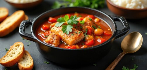Tasty fish stew served in black bowl with rice and bread. Dish garnished with fresh parsley and small tomatos. Hot meal with golden spoon on dark background. Healthy lunch.