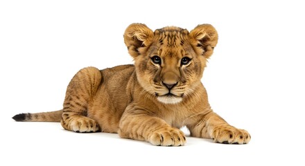 Playful and Innocent Lion Cub Resting with Paws Forward on White