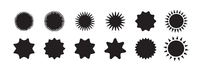 Collection of various black sun and starburst shapes vector illustration. abstract geometric elements