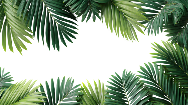 Lush green palm leaves arranged as tropical holiday banner isolated on white background - Powered by Adobe
