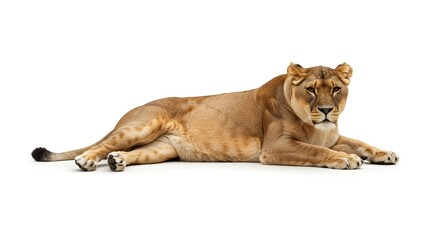 Elegant Lioness Resting on Her Side in a Clean, Top-Down Composition