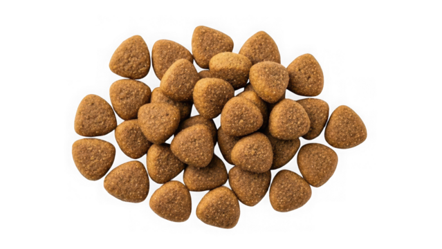 Dry pet food kibble for dogs or cats, healthy crunchy nutrition, top view of brown textured nuggets arranged in a pile isolated on transparent background