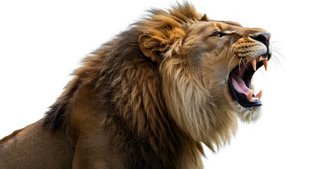 Intense Side Profile of a Roaring Lion on Bright White Backdrop