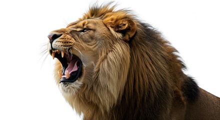 Powerful Mid-Range Shot of a Lion Roaring with Teeth Exposed on White