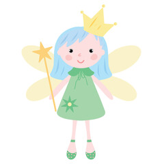 Tooth fairy illustration, magic tooth sprite. Cute tooth fairy vector, child character. Tooth fairy with wand, storybook icon