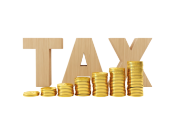 Wooden tax word with increasing golden coin stacks, finances.