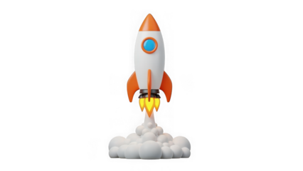 Rocket launch 3d illustration, spaceship taking off with fire and smoke, representing startup success, growth, and innovation. isolated on transparent background