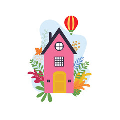 Colorful Cute House with Garden Plants, Decorative Elements and Hot Air Balloon Vector Illustration