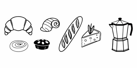 Hand-drawn doodle set of classic French breakfast items including croissant, baguette, pastry, and coffee maker