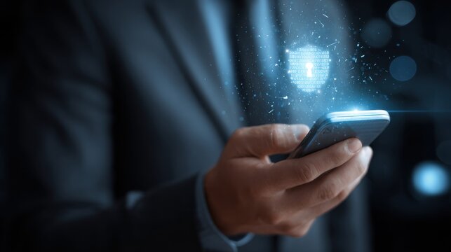 Person using smartphone with digital security