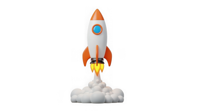 Rocket launch 3d illustration, spaceship taking off with fire and smoke, representing startup success, growth, and innovation. isolated on transparent background - Powered by Adobe
