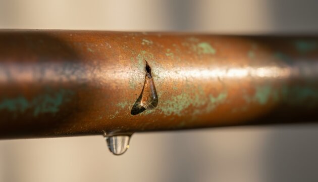 Copper pipe with a pinhole leak dripping clear water, close up showing corrosion and oxidation, highlighting plumbing failure, water damage risk and need for repair