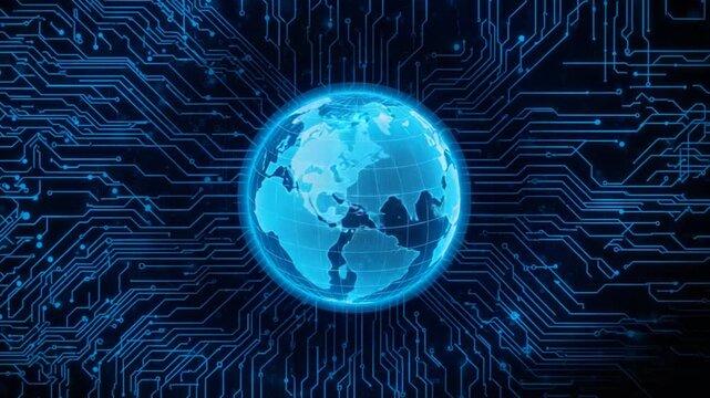 Glowing blue digital earth globe with intricate circuit board patterns extending outwards on a dark background - Powered by Adobe